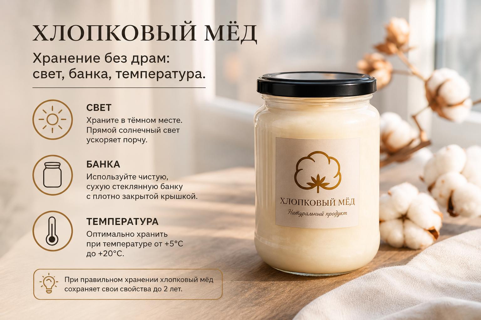Хлопковый мёд. Хранение без драм: свет, банка, температура