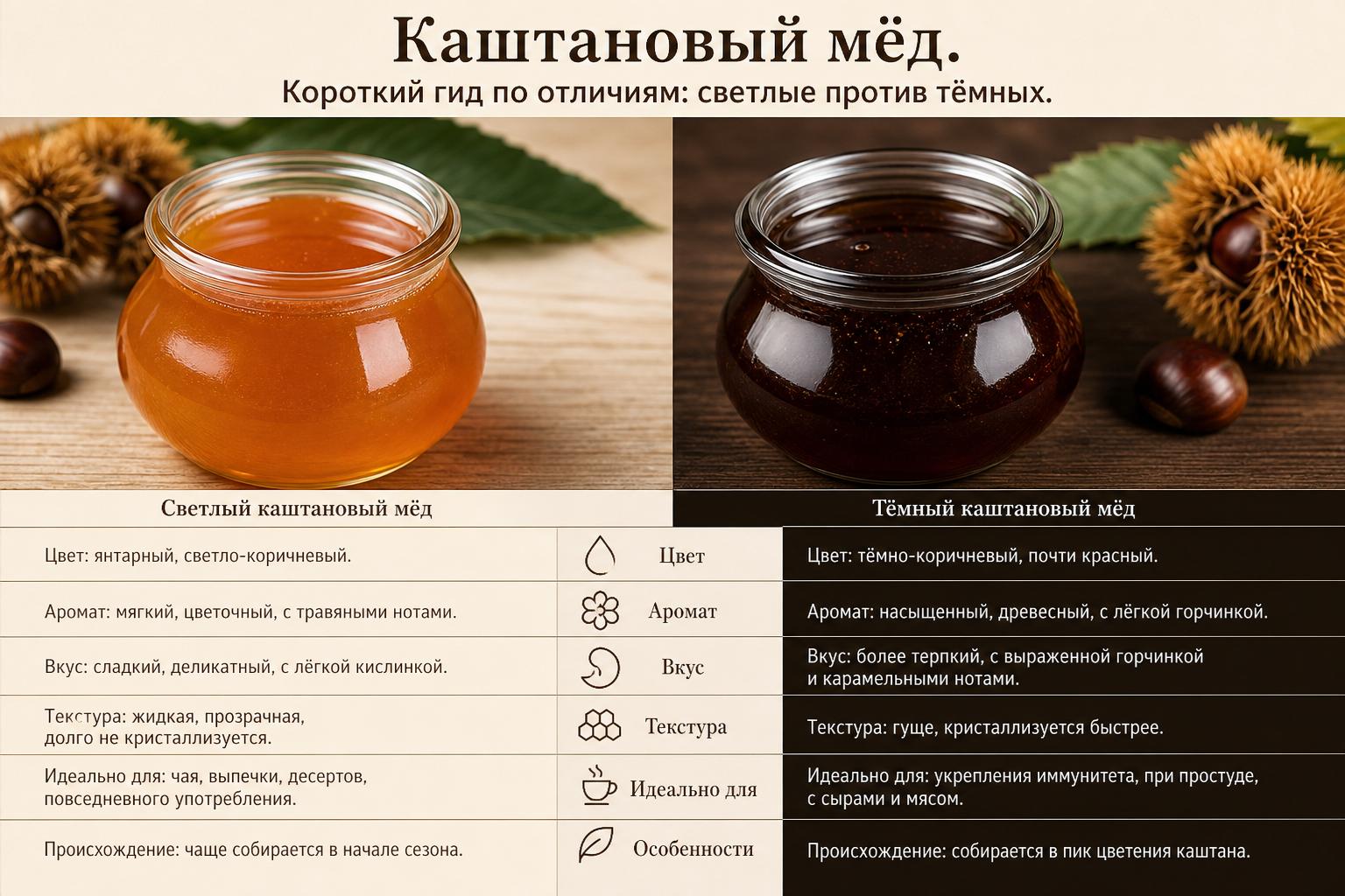 Каштановый мёд. Короткий гид по отличиям: светлые против тёмных