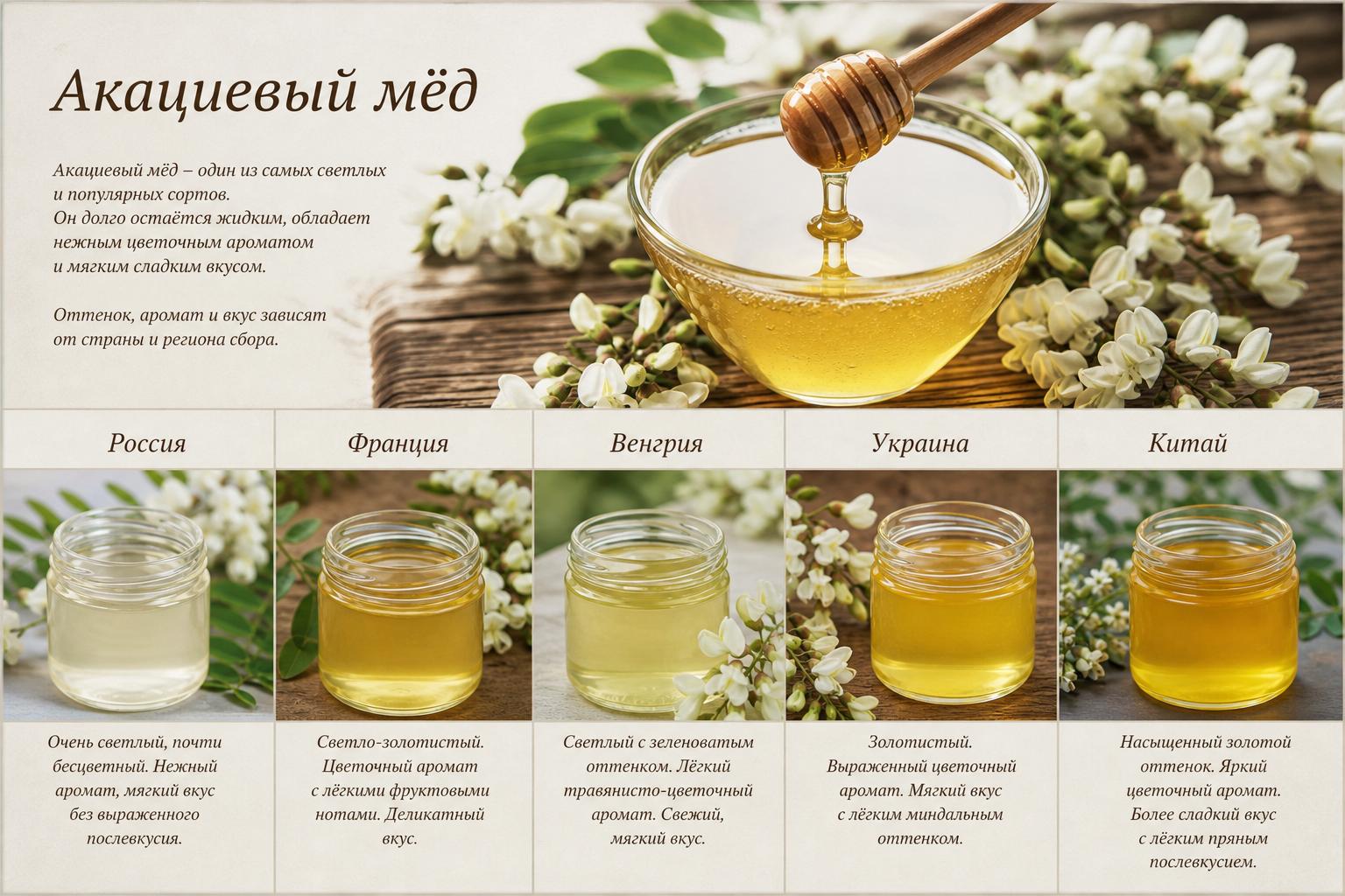 Акациевый мёд. Страны и региональные оттенки