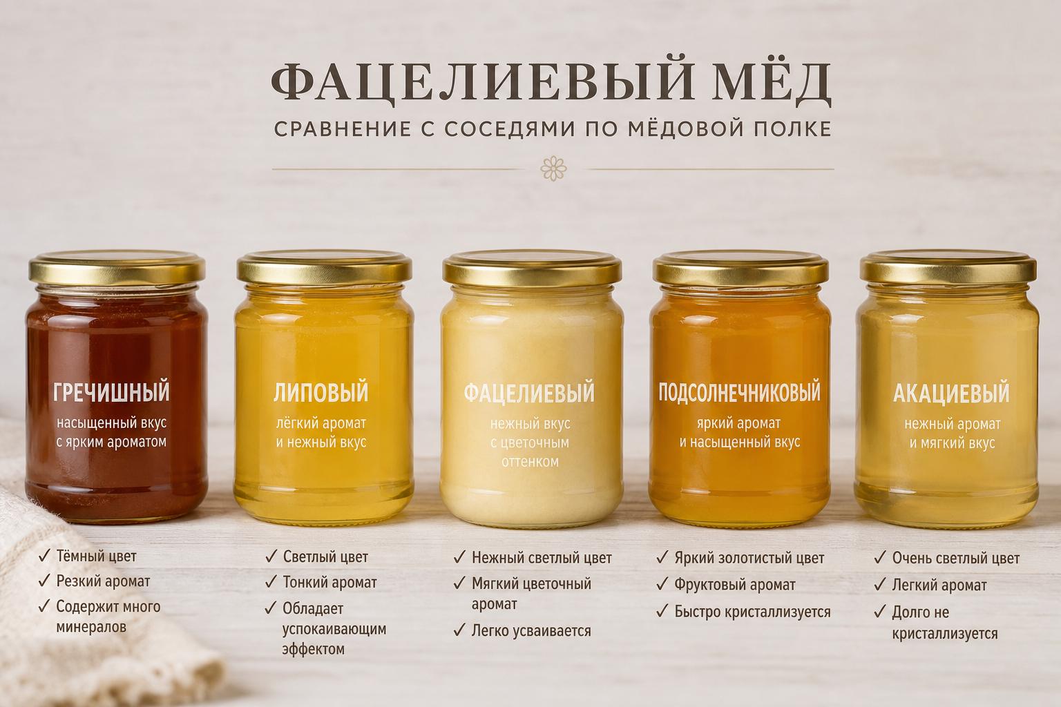 Фацелиевый мёд. Сравнение с соседями по мёдовой полке