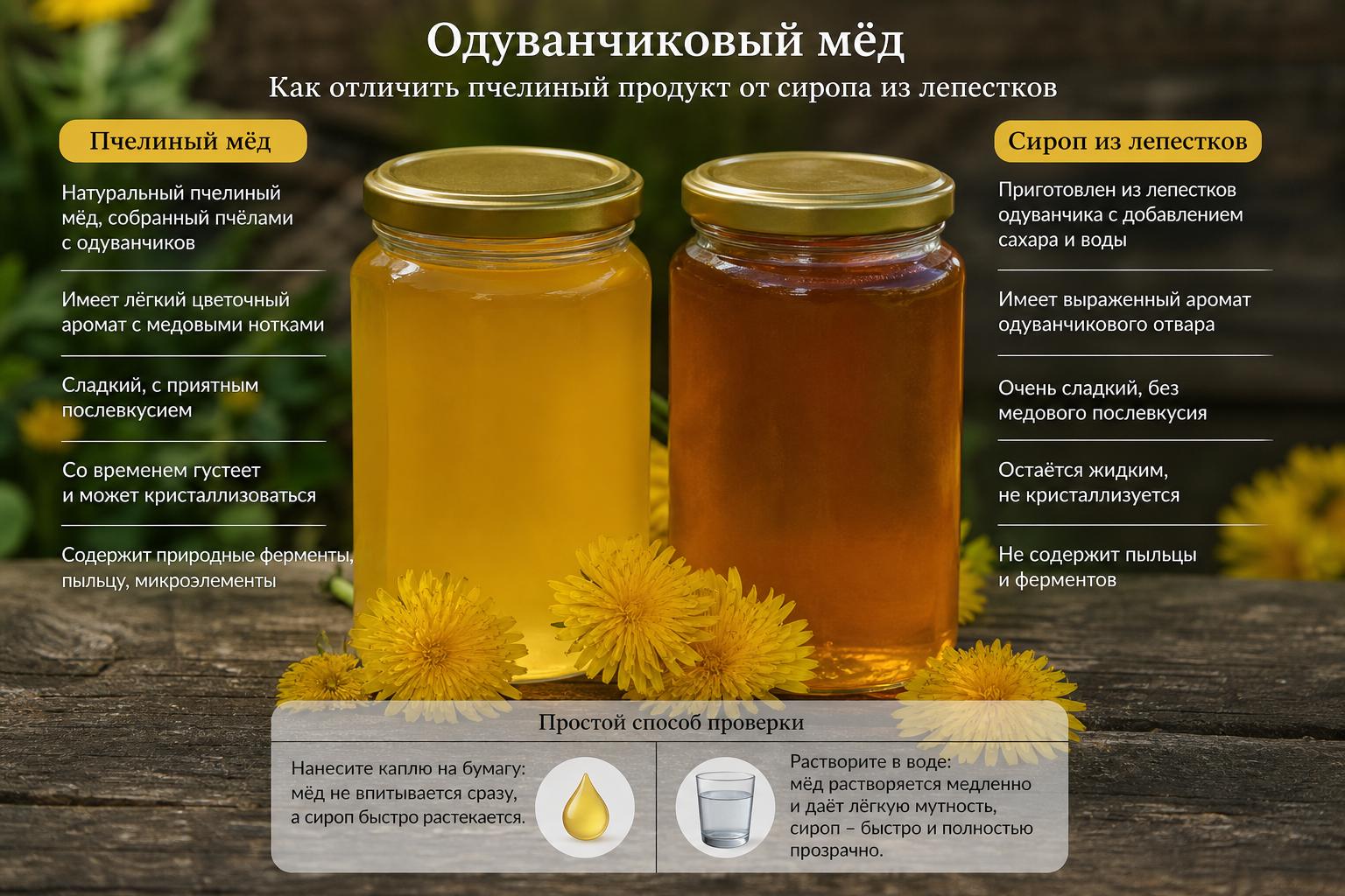 Одуванчиковый мёд. Как отличить пчелиный продукт от сиропа из лепестков
